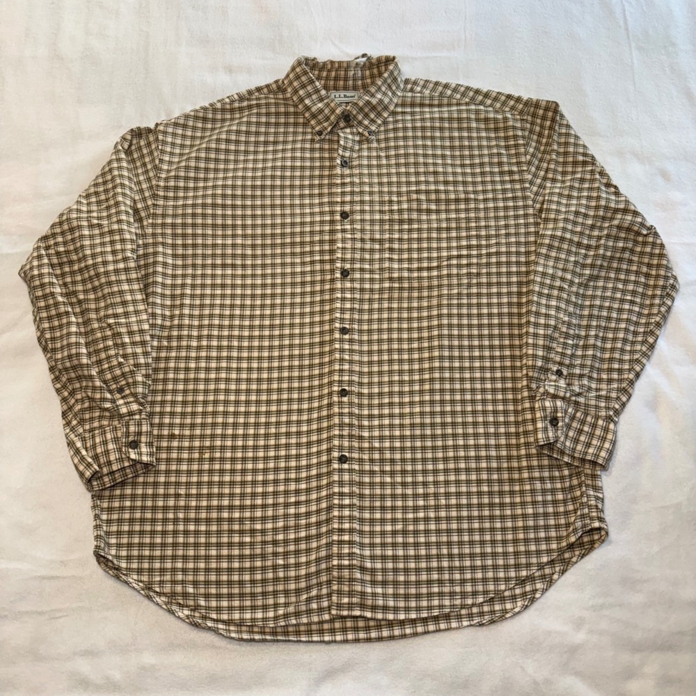 80s LL Bean Plaid Button Down Shirt Tan Green Long Sleeve Mens XL Relaxed Flaw
